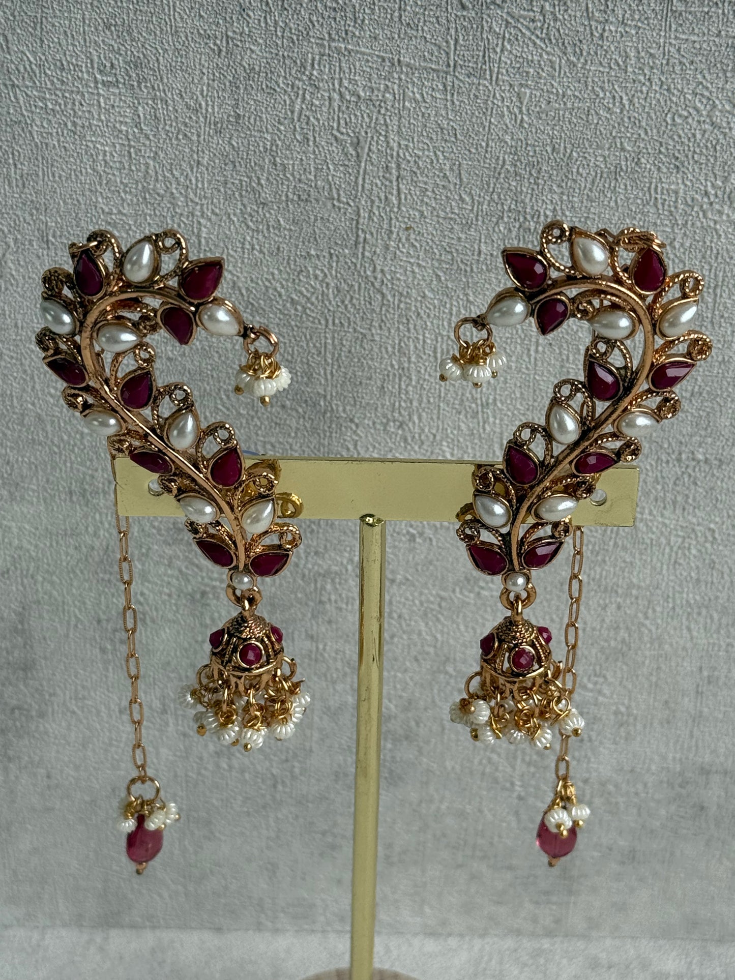 Ayura Designs Mastani Earrings – Gold Ear Climbers with Ruby Stones, Pearls & Jhumki Drops