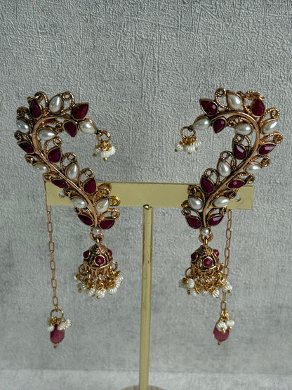 Ayura Designs Mastani Earrings – Gold Ear Climbers with Ruby Stones, Pearls & Jhumki Drops