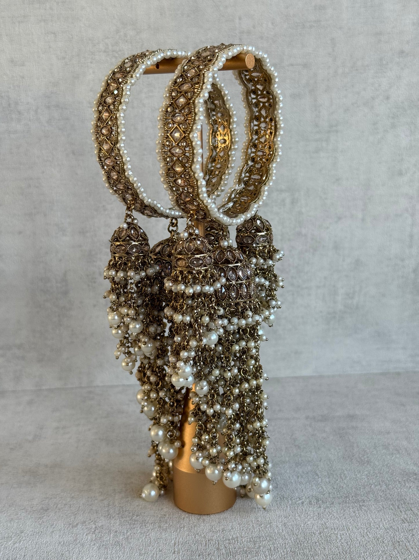 Ayura Designs Arsh Kangan – Pearl Studded Statement Bangles with Jhumki Tassels