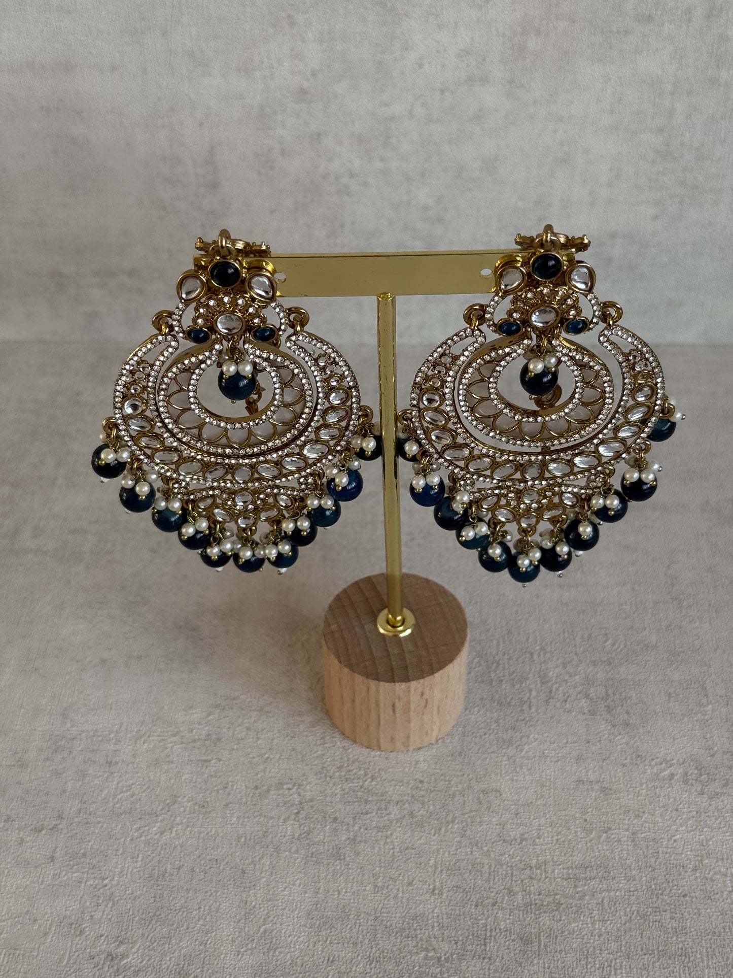 Ayura Designs Rabia Chandbalis – Antique Gold Kundan Earrings with Midnight Blue Beads, Pearls & Attached Sahare