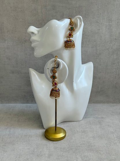 Ayura Designs Alar Jhumkis – Ear Climber in Antique Gold with Emerald & Pink Stones and Pearl Drops