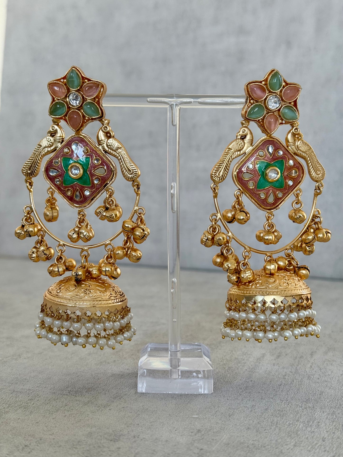 Ayura Designs Farida Earrings – Brass Jhumka Earrings with Pastel Green & Blush Pink Enamel, Bird Motifs and Pearl Dangling Drops