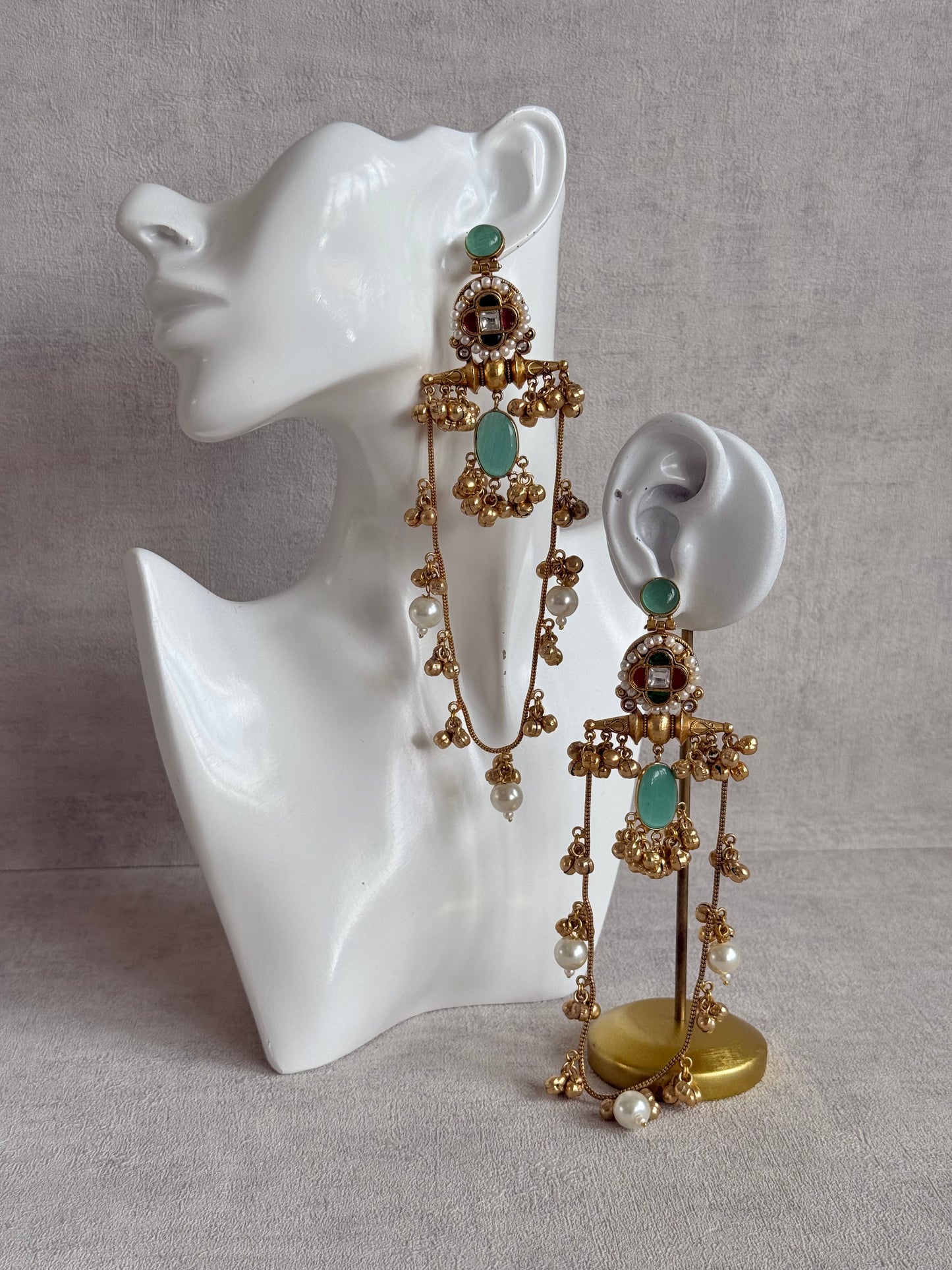 Ayura Designs Kashifa Earrings – Kashmiri Earrings with Mint Green Stone, Ghungroo Detailing & Pearl Drops