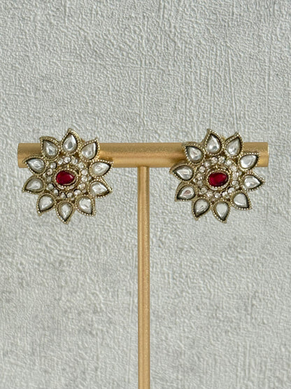 Ayura Designs Amaya Necklace Set with Studs – Antique Finish in Ruby Red Stones with Pearl Strands