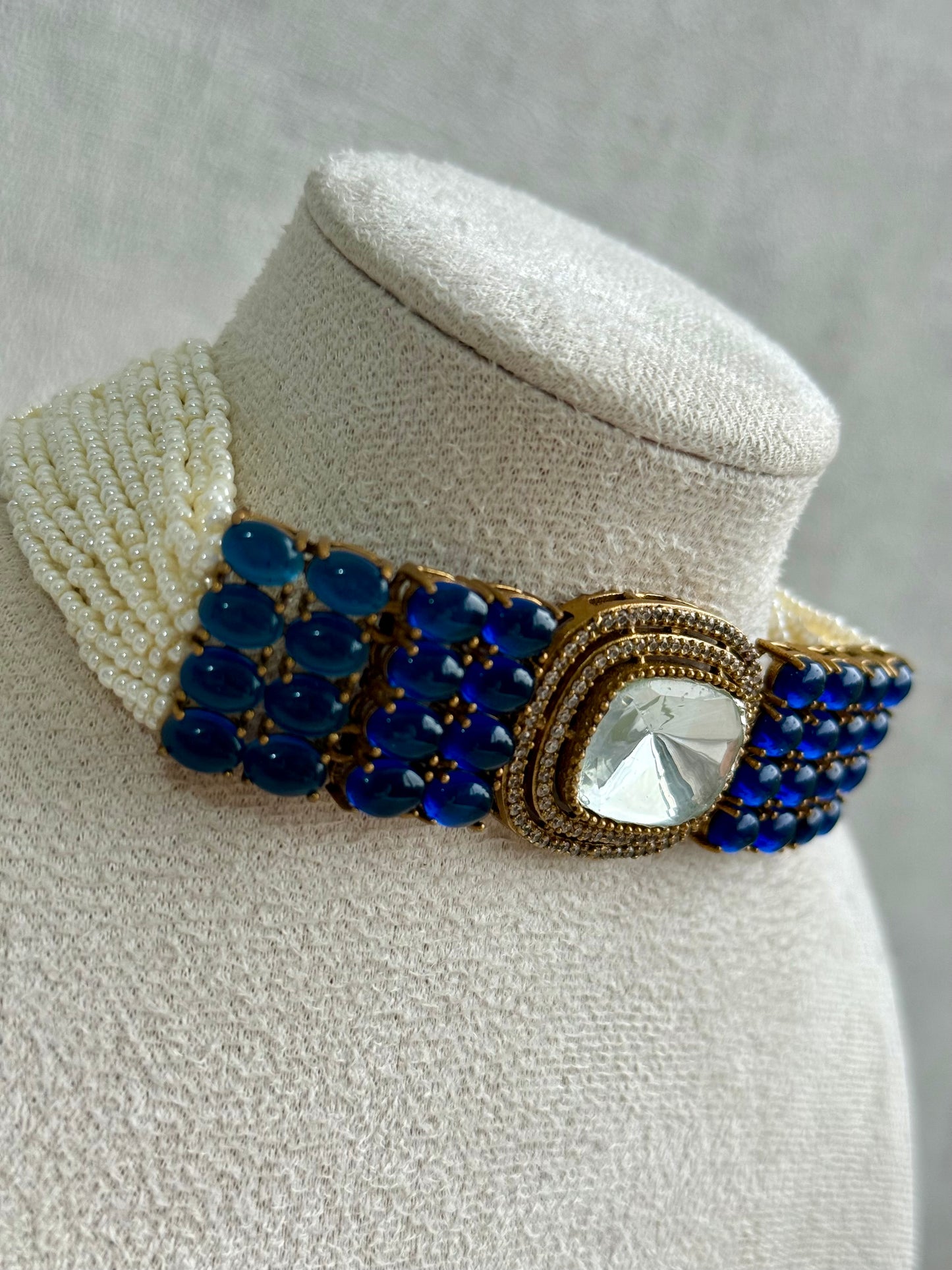 Ayura Designs Emma Choker Set – Sapphire Blue Gemstone Choker & Studs with Mirror-Cut Centrepiece, Pearl Strands & Crystal Borders