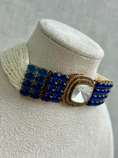 Ayura Designs Emma Choker Set – Sapphire Blue Gemstone Choker & Studs with Mirror-Cut Centrepiece, Pearl Strands & Crystal Borders