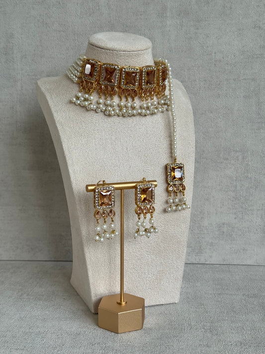 Ayura Designs Naghma Choker Set with Earrings & Tikka – Champagne Stones, Pearl Detailing & Antique Gold Finish