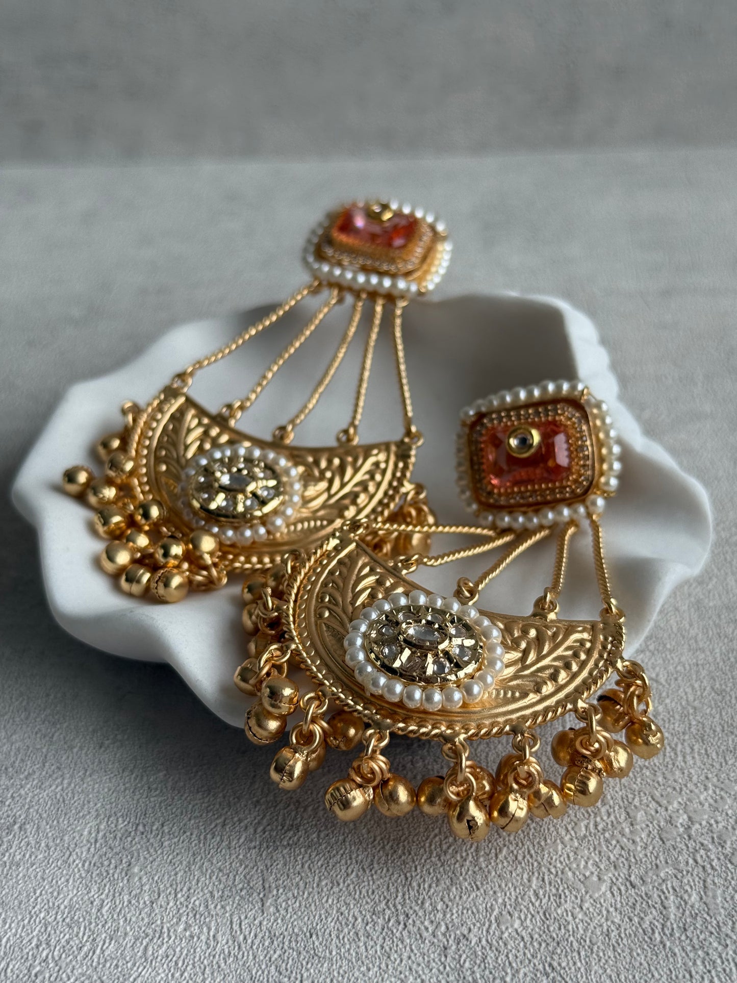 Ayura Designs Jheel Earrings – Amber Half-Moon Drops with Pearl Edging & Golden Ghungroos