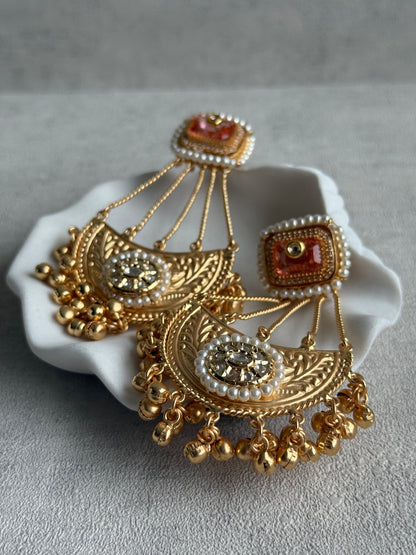 Ayura Designs Jheel Earrings – Amber Half-Moon Drops with Pearl Edging & Golden Ghungroos