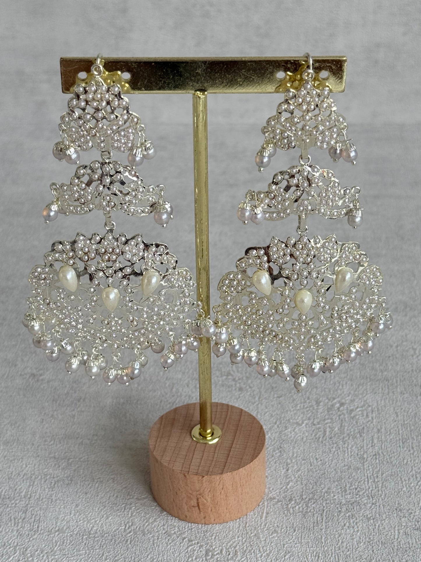 Ayura Designs Zarrar Earrings – Silver Jadau Filigree Statement Earrings with Pearl Drops
