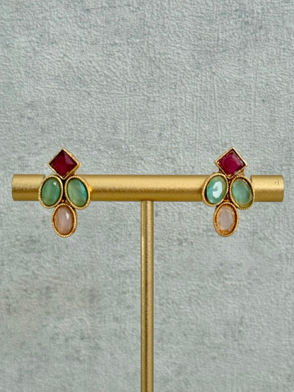 Ayura Designs Bhawani Set with Necklace & Stud Earrings – Multicolour Stone Charms in Antique Gold Finish