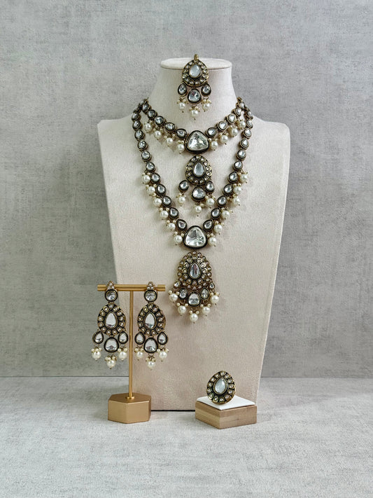 Ayura Designs Kalika Set with Necklace, Earrings, Tikka & Ring – Polki-Style Stones with Antique Green Enamel Detailing & Pearl Drops