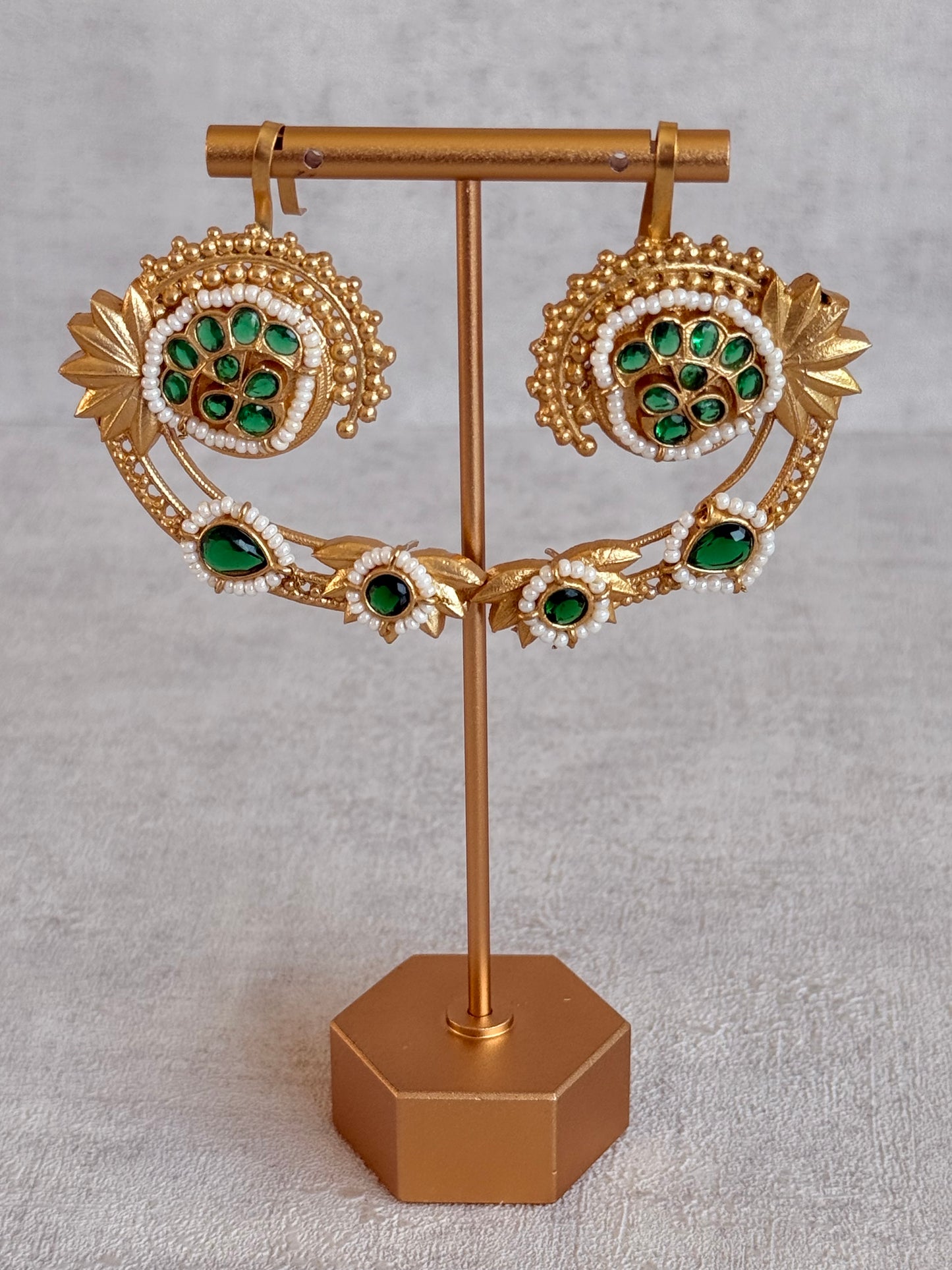 Ayura Designs Raatani Ear Climbers – Emerald Green Ear Climbers with Pearl Detailing & Floral Cutwork Design