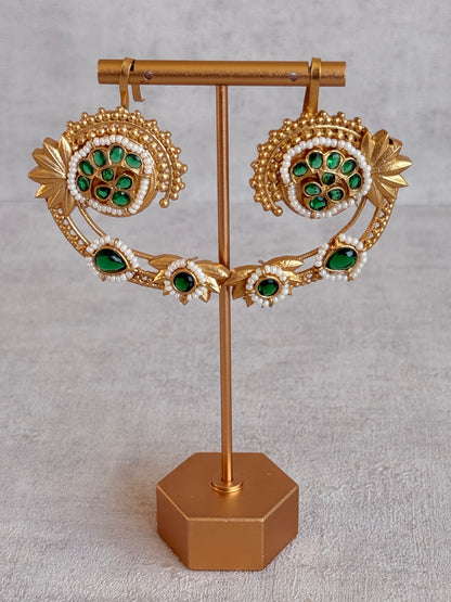 Ayura Designs Raatani Ear Climbers – Emerald Green Ear Climbers with Pearl Detailing & Floral Cutwork Design