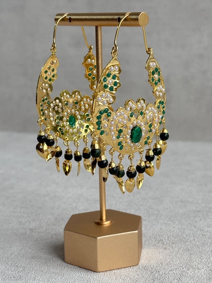 Ayura Designs Nimrat Balis – Emerald Green & Ivory Pearls with Pippal Patti & Gold Finish