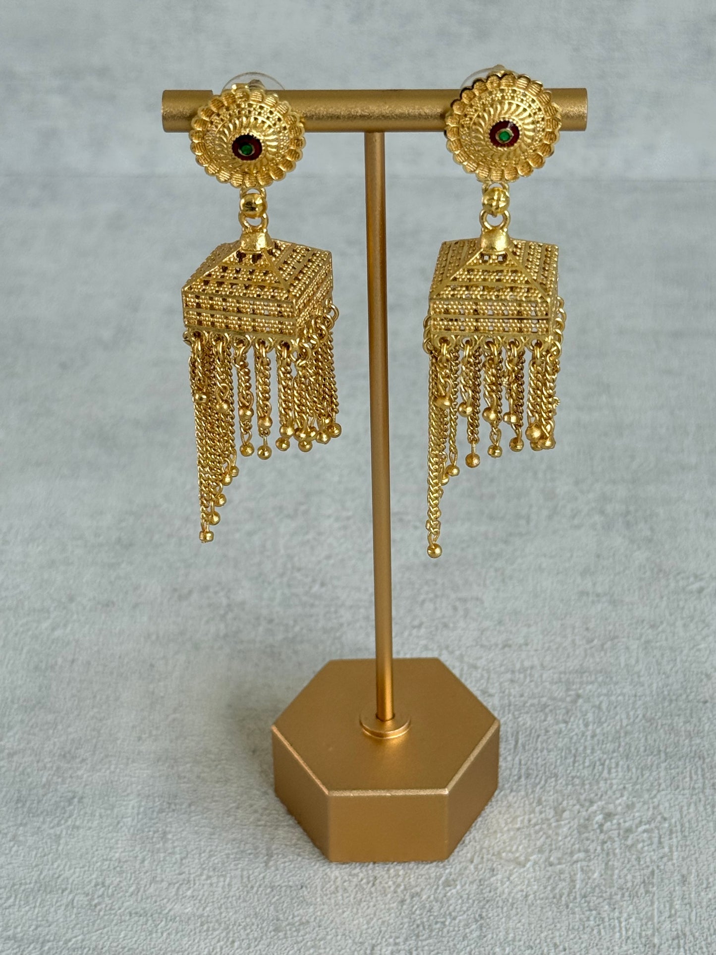 Ayura Designs Raati Jhumkis – Gold Chain Tassel Statement Earrings