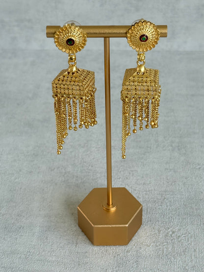 Ayura Designs Raati Jhumkis – Gold Chain Tassel Statement Earrings