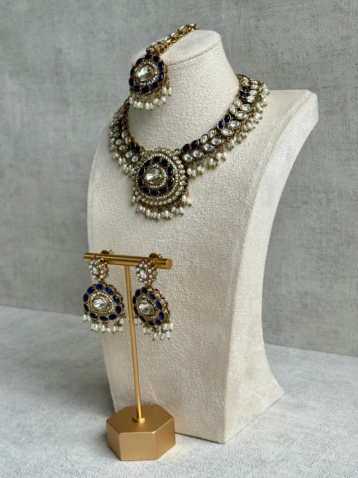 Ayura Designs Warda Set with Earrings & Tikka – Ink Blue Ovals, Mirror-Cut Stones & Ivory Pearls