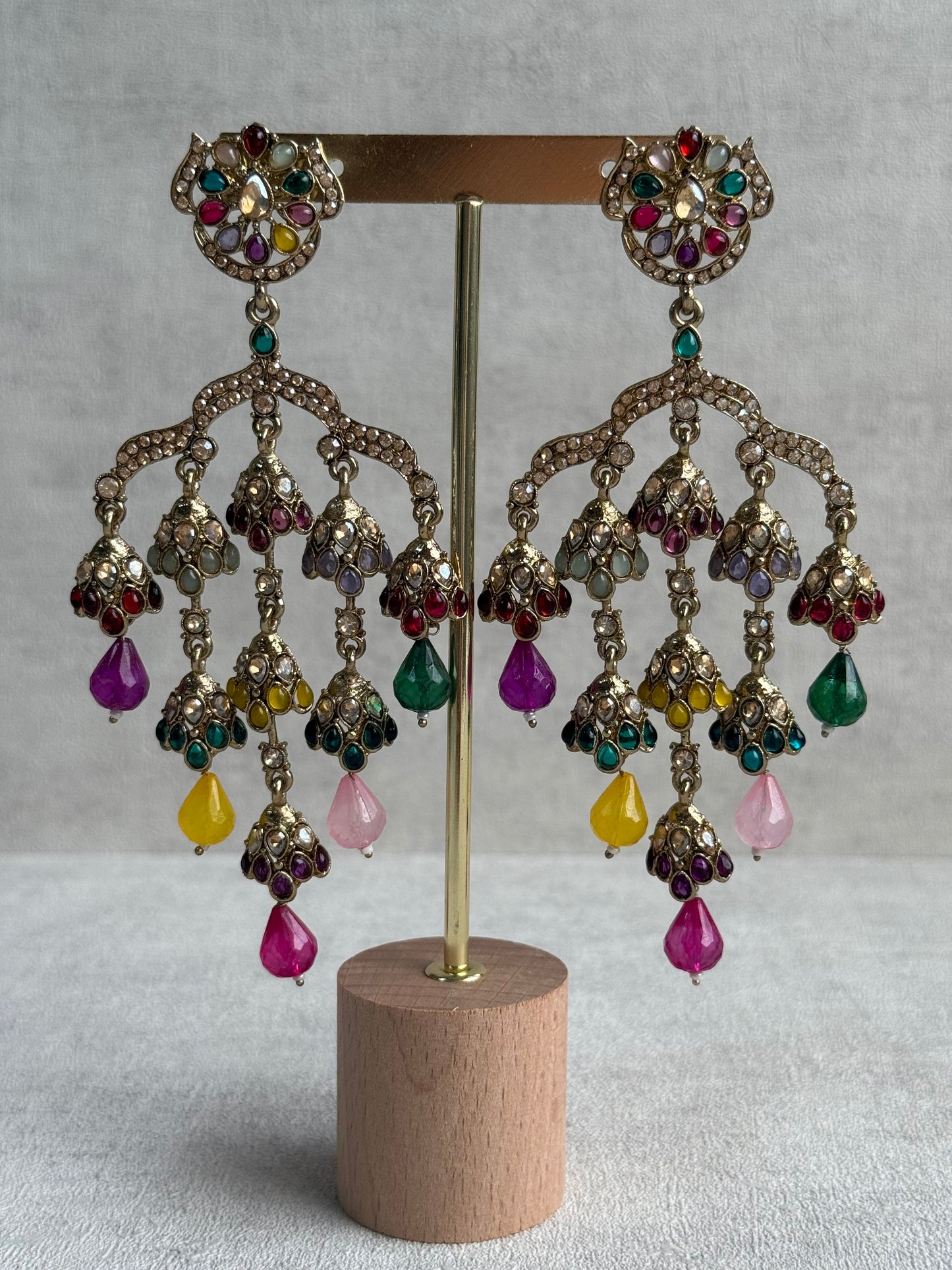 Ayura Designs Jasmine Earrings – Chandelier Earrings with Multicolour Beads & Antique Gold Detailing