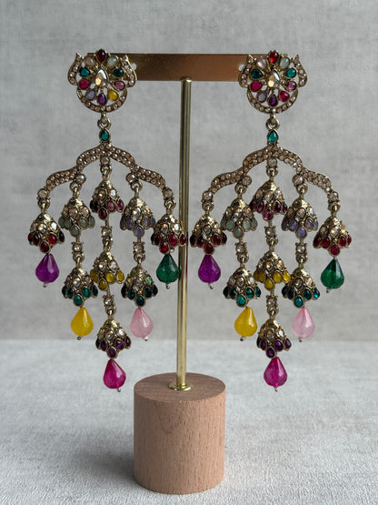 Ayura Designs Jasmine Earrings – Chandelier Earrings with Multicolour Beads & Antique Gold Detailing