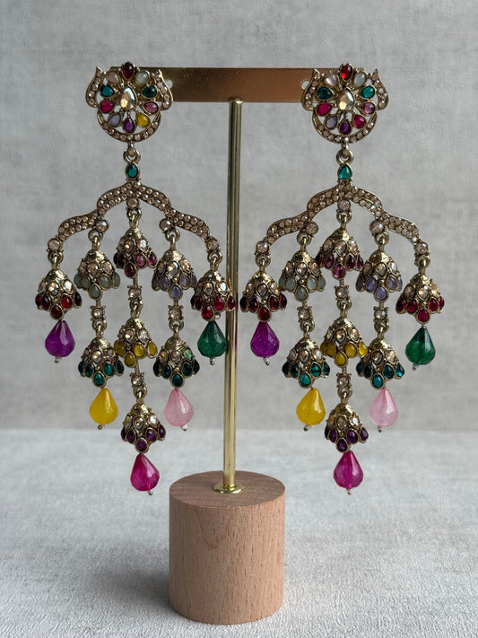 Ayura Designs Jasmine Earrings – Chandelier Earrings with Multicolour Beads & Antique Gold Detailing