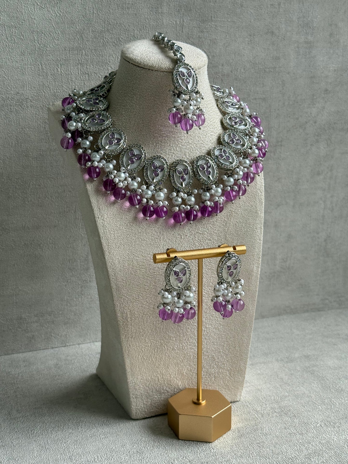 Ayura Designs Linza Set – Necklace, Earrings & Tikka in Lilac & Pearl with Silver Finish