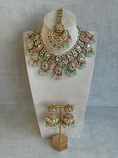 Ayura Designs Iyla Set with Necklace, Earrings & Tikka – Kundan Detailing, Ivory Pearl Drops & Mint & Blush Beads