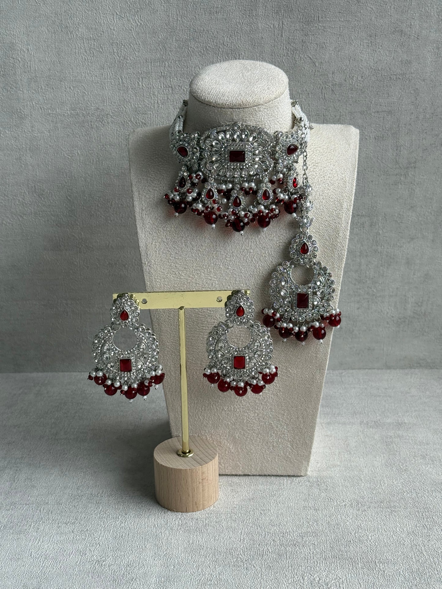 Ayura Designs Nandhini Set – Choker, Earrings & Tikka with Ruby Red Stones, Pearls & Silver Finish
