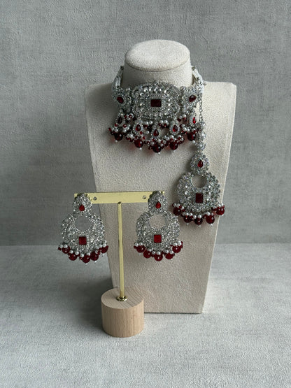 Ayura Designs Nandhini Set – Choker, Earrings & Tikka with Ruby Red Stones, Pearls & Silver Finish