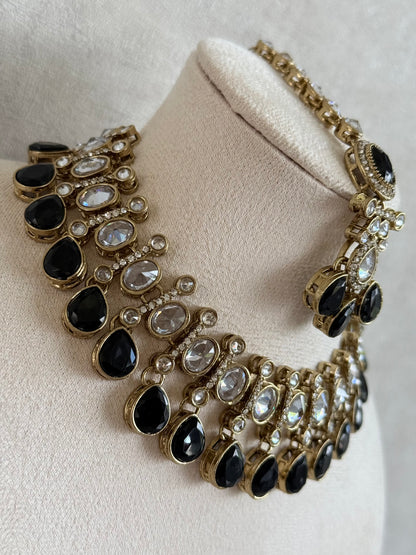 Ayura Designs Ava Necklace Set with Earrings & Tikka – Black Stone & Mirror-Cut Necklace Set in Antique Gold Finish