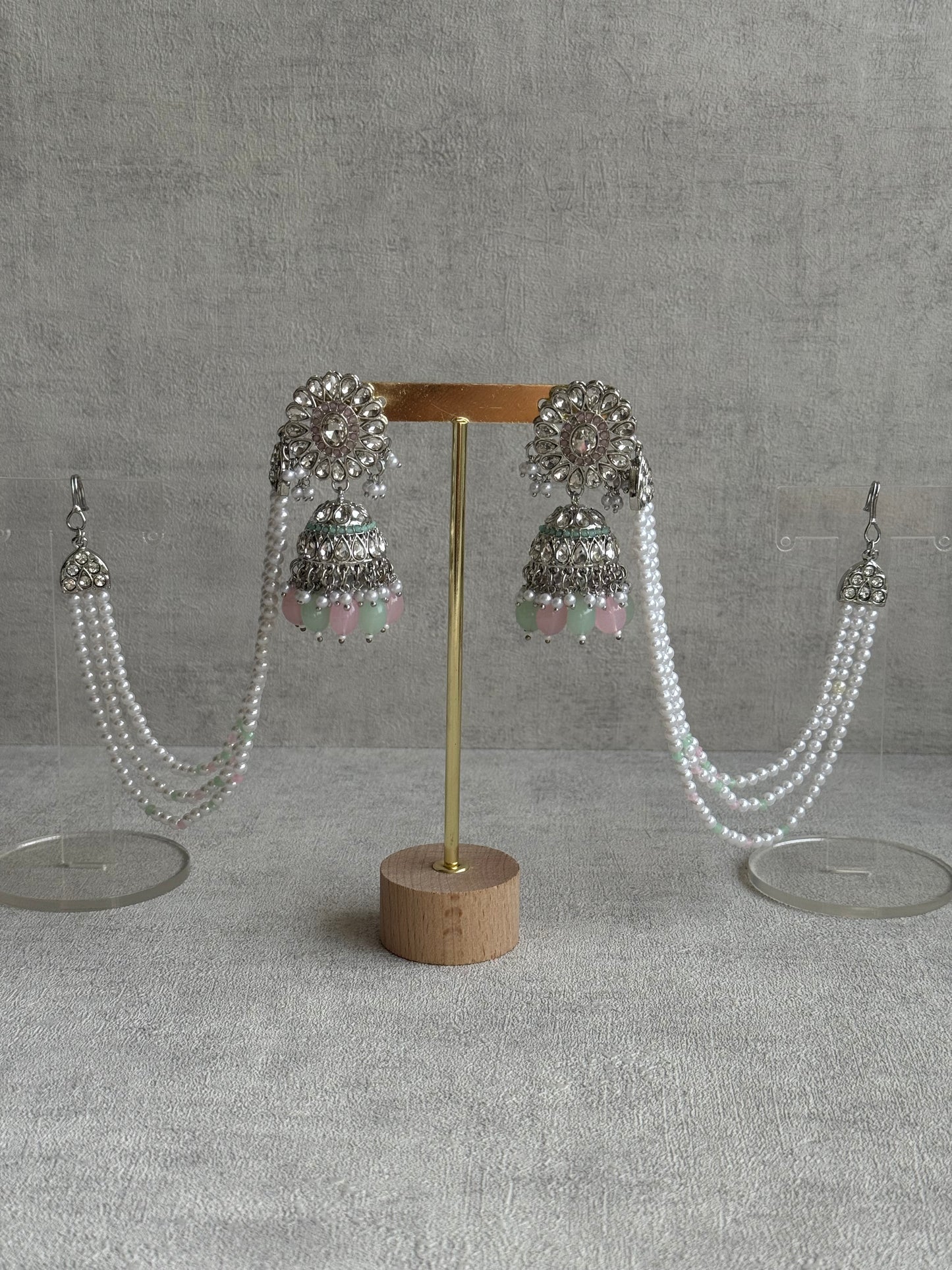Ayura Designs Nawal Set – Necklace, Jhumkis, Tikka & Detachable Sahare with Mint & Blush Beads, Pearls & Antique Silver Finish
