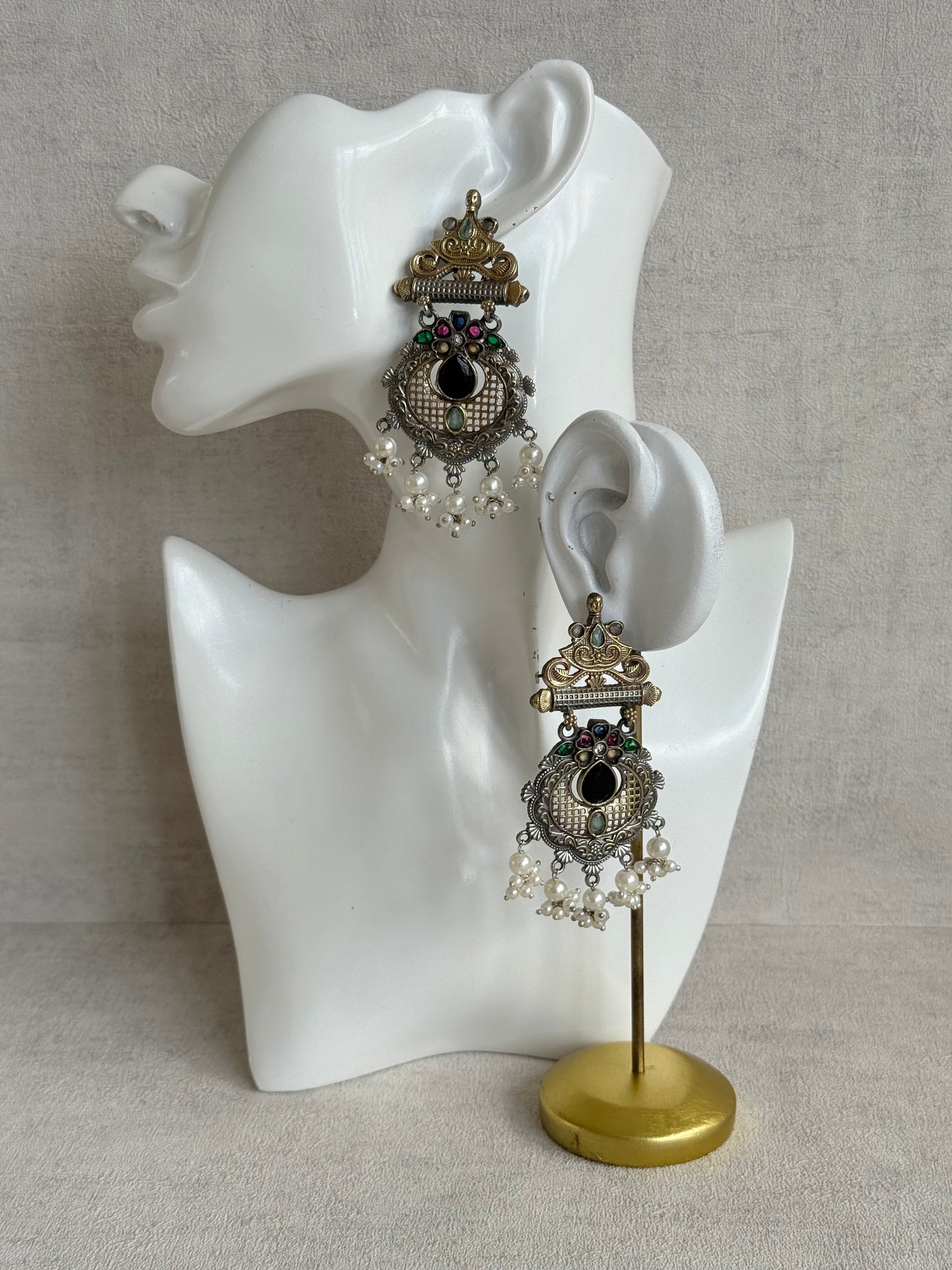 Ayura Designs Taali Earrings – Dual Tone Oxidised Statement Earrings with Multicolour Stones & Pearl Clusters