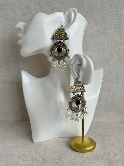 Ayura Designs Taali Earrings – Dual Tone Oxidised Statement Earrings with Multicolour Stones & Pearl Clusters