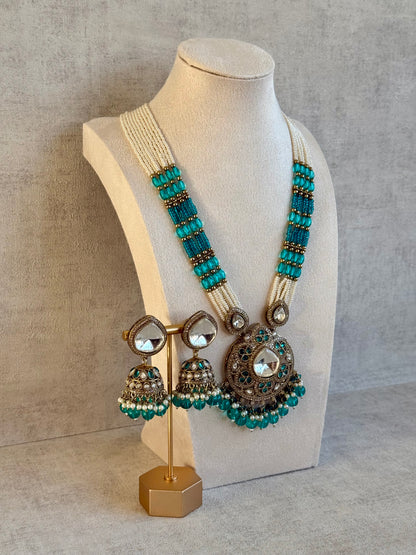 Ayura Designs Brielle Set – Necklace & Jhumkis with Mirror-Cut Stones, Aqua & Deep Teal Beads