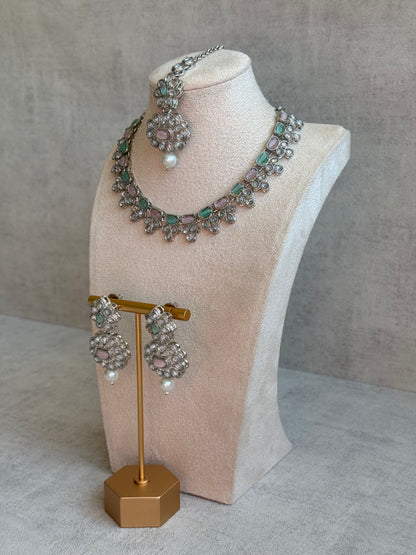 Ayura Designs Sumbul Set with Necklace, Earrings & Tikka – Mint & Blush Stones, Mirror-Cut Accents & Pearl Drops