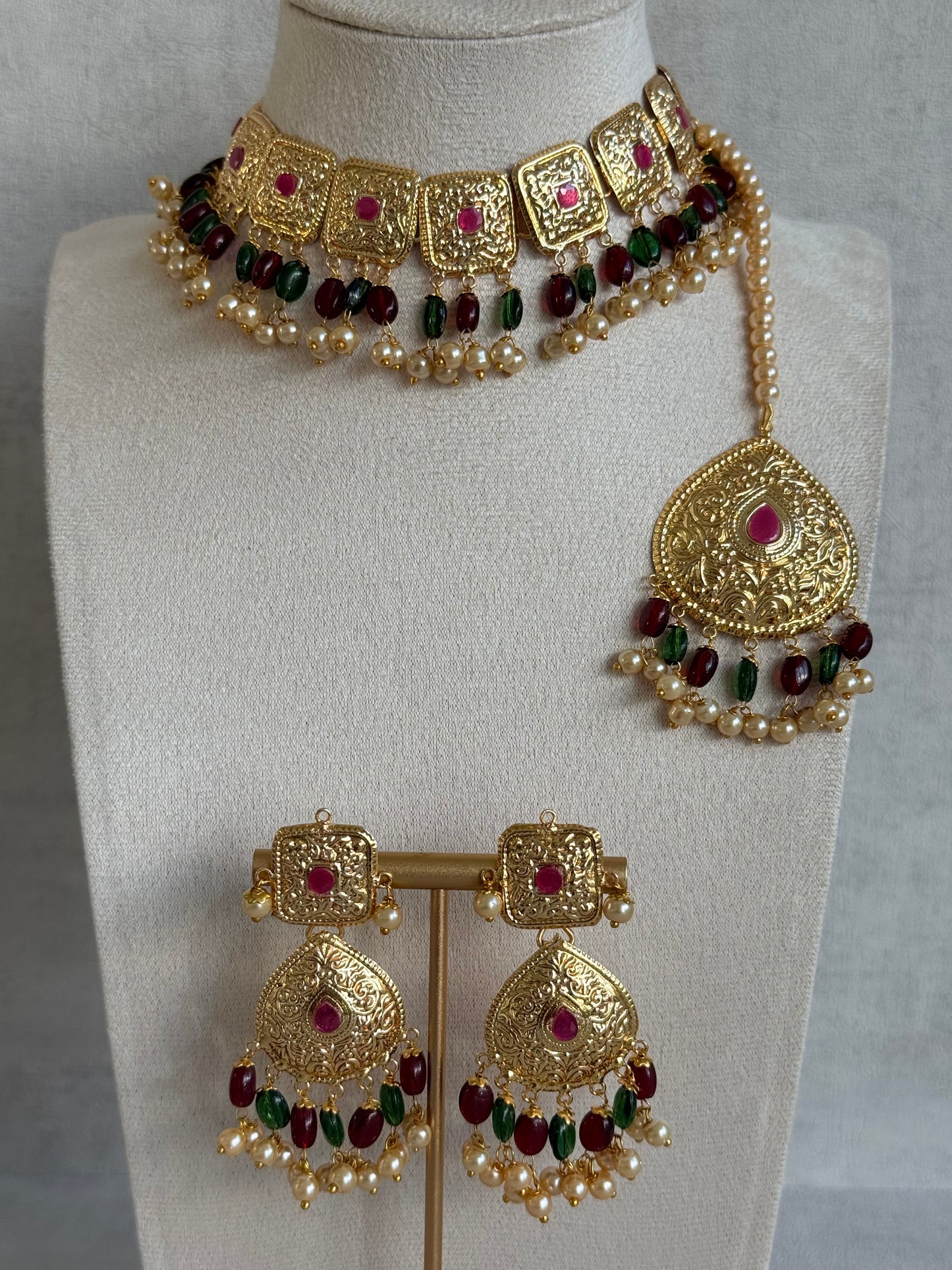Ayura Designs Chetna Choker Set with Earrings & Tikka – Maroon & Emerald Green Beads, Cream Pearl Drops with Pipal Patti Detailing