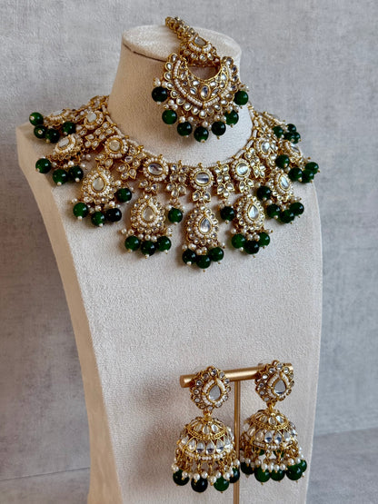 Ayura Designs Iyla Set with Necklace, Earrings & Tikka – Kundan Detailing, Ivory Pearl Drops & Emerald Beads