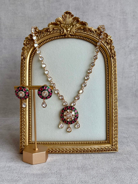 Ayura Designs Jiya Set with Earrings – Round Motif, Pink & Green Meenakari with Crystal Detailing