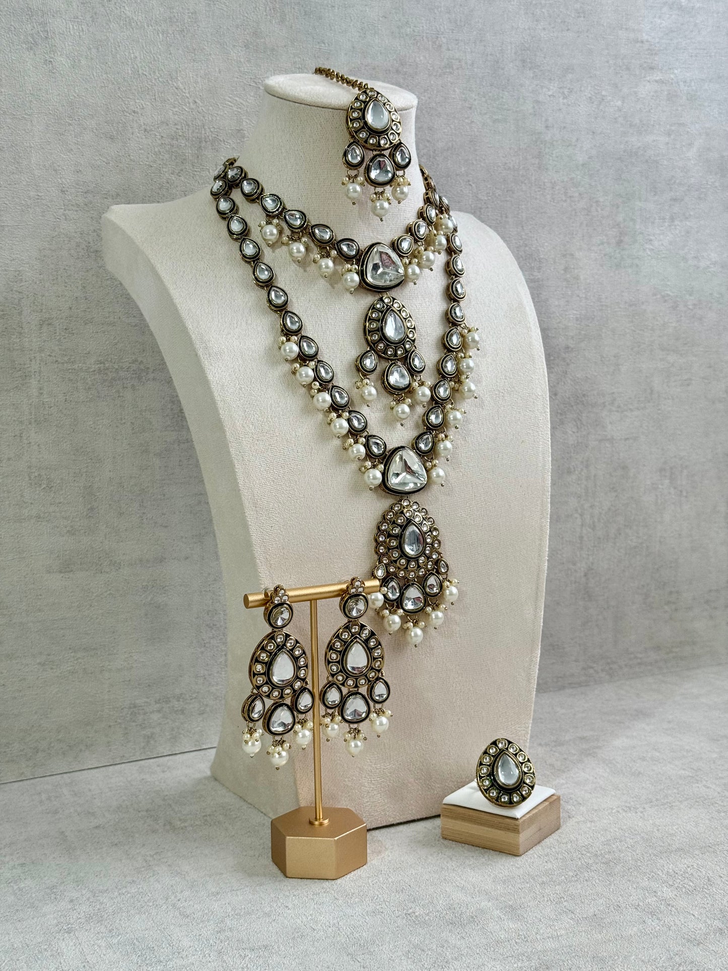 Ayura Designs Kalika Set with Necklace, Earrings, Tikka & Ring – Polki-Style Stones with Antique Green Enamel Detailing & Pearl Drops