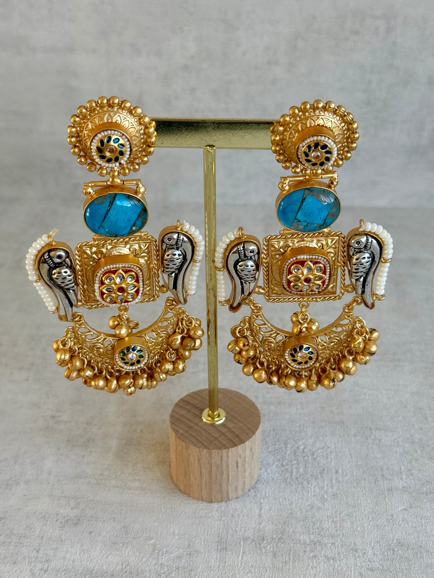 Ayura Designs Soha Earrings – Antique Gold with Turquoise Stone & Oxidised Parrots