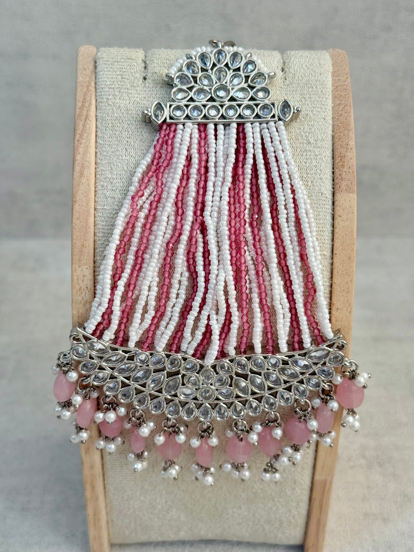 Ayura Designs Ash Jhoomar Passa – Blush Pink Beads with Mirror Cut Stones & Silver Finish