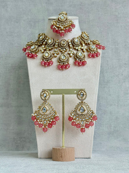 Ayura Designs Janvi Set with Necklace, Earrings & Tikka – Kundan Detailing, Peach Beads & Pearls Drops