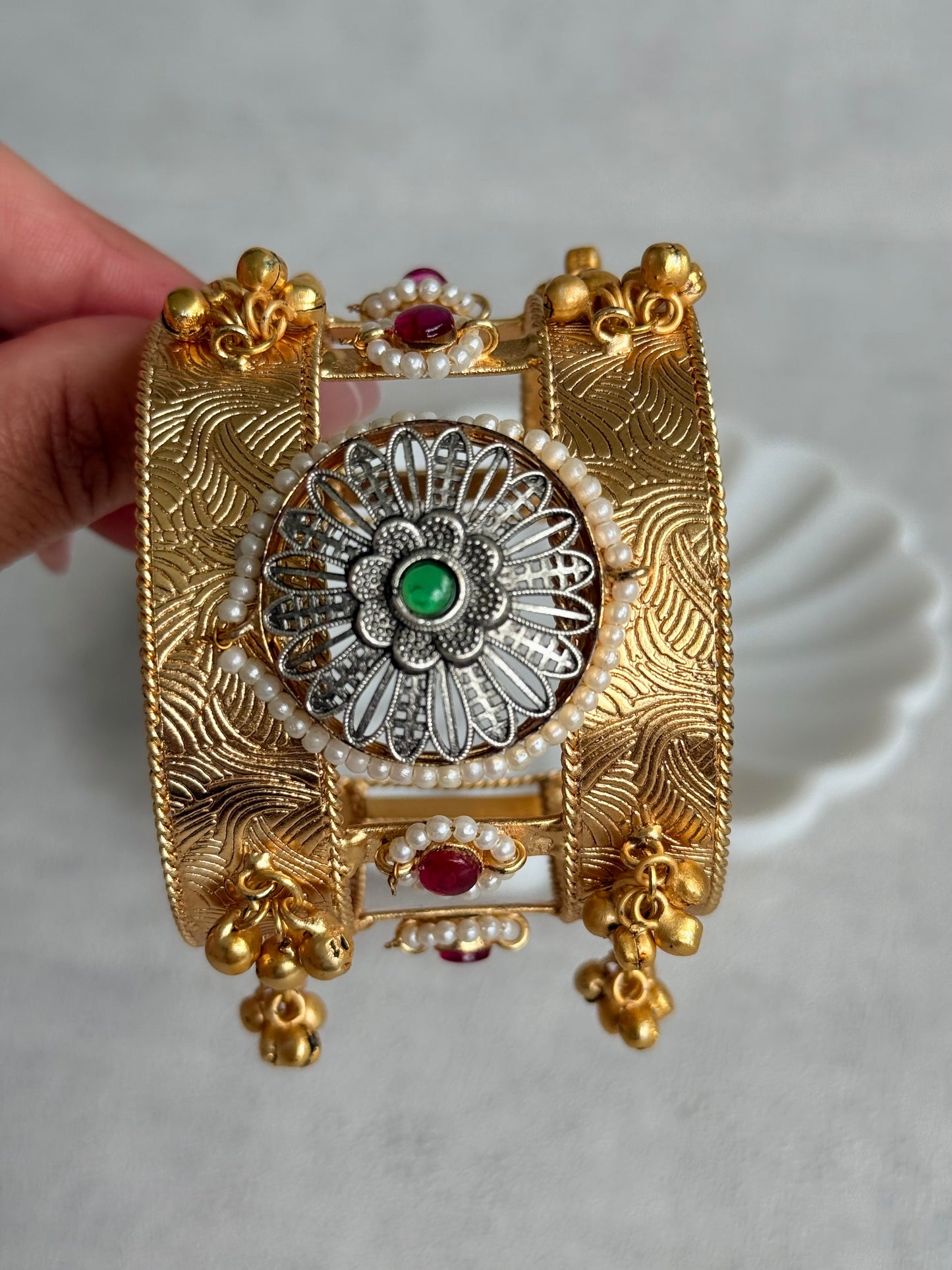 Ayura Designs Omita Adjustable Kashmiri Cuff Bracelet – Floral Medallion with Pearl, Ruby & Emerald Detailing