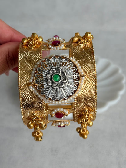Ayura Designs Omita Adjustable Kashmiri Cuff Bracelet – Floral Medallion with Pearl, Ruby & Emerald Detailing