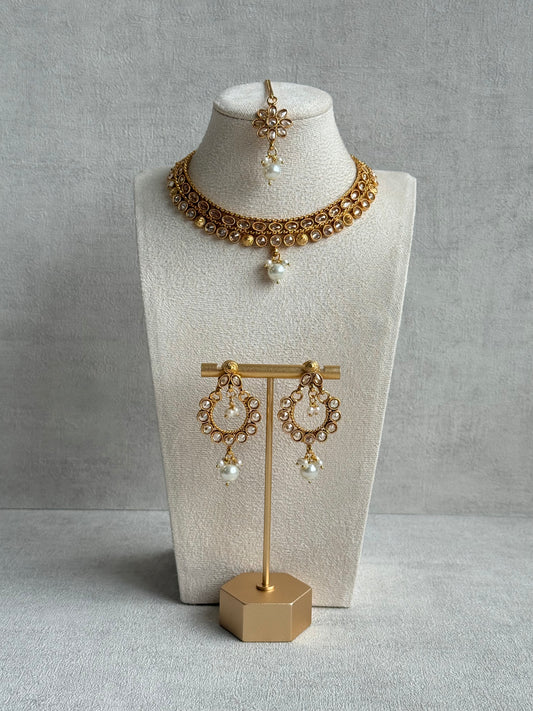 Ayura Designs Rashi Set with Earrings & Tikka – Mirror-Cut Stones with Ivory Pearl Drops in Antique Gold