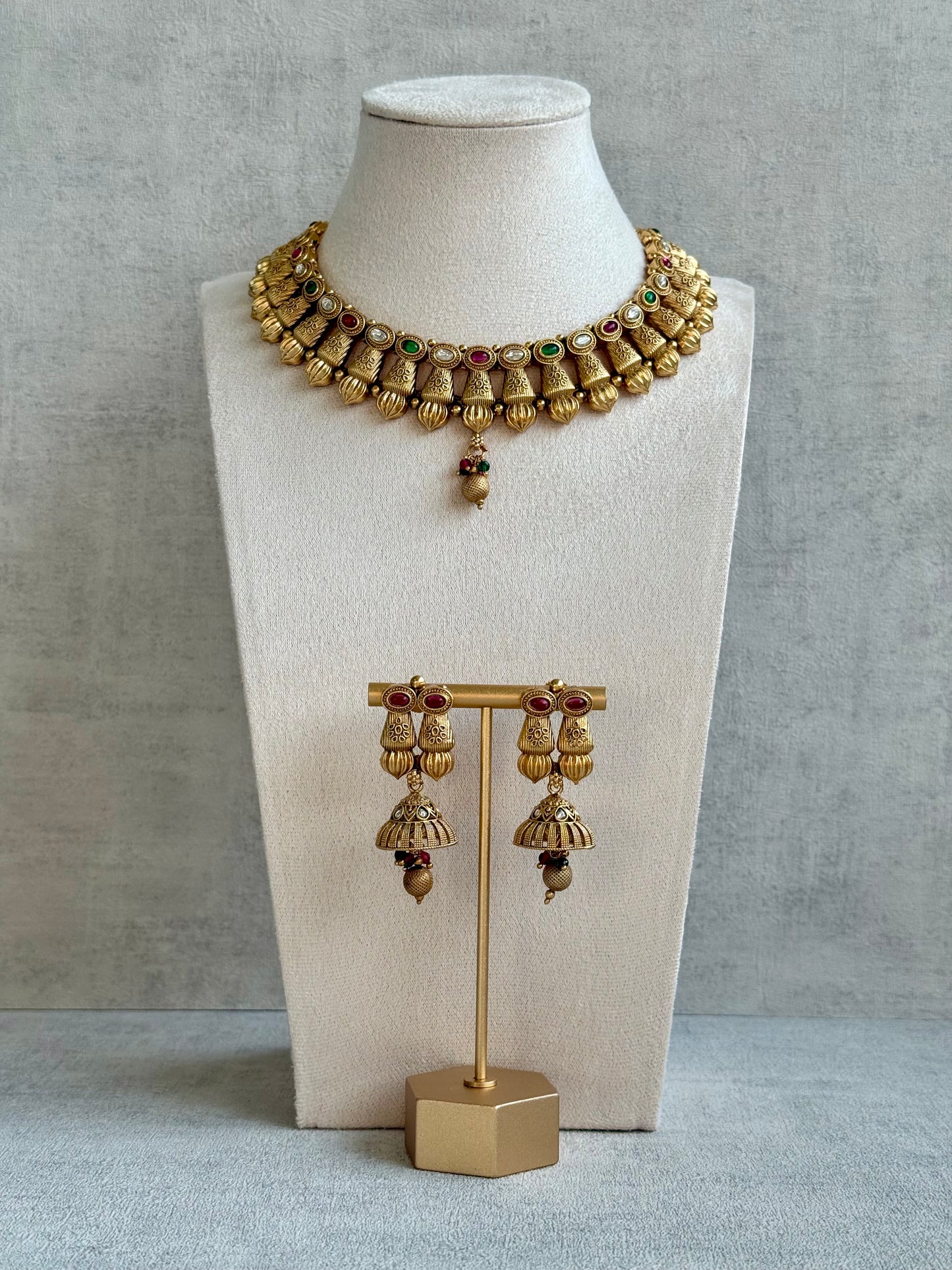 Ayura Designs Aima Necklace Set with Earrings – Antique Gold with Rani Pink & Emerald Green Stones