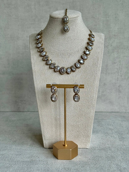 Ayura Designs Eira Set – Necklace, Earrings & Tikka with Diamond-Cut & Ivory Oval Stones in Antique Gold