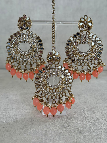 Ayura Designs Bahar Tikka Set with Earrings – Peach Beads,Mirror Work & Antique Gold