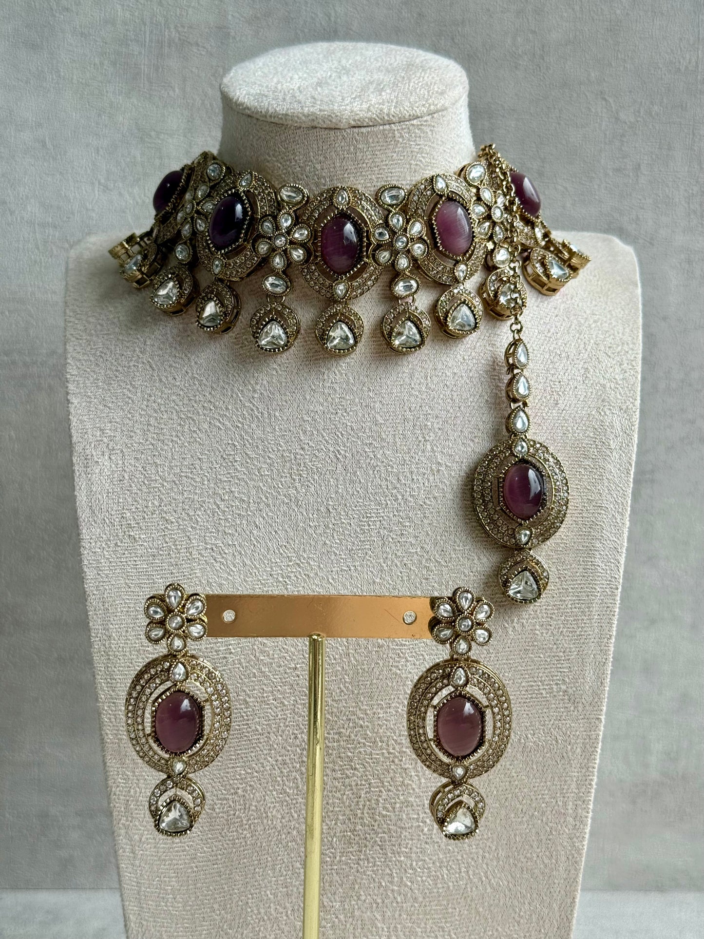 Ayura Designs Emanya Choker Set – Choker, Earrings & Tikka with Mirror-Cut Stones, Plum Mauve & Antique Gold Detailing