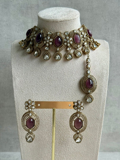 Ayura Designs Emanya Choker Set – Choker, Earrings & Tikka with Mirror-Cut Stones, Plum Mauve & Antique Gold Detailing